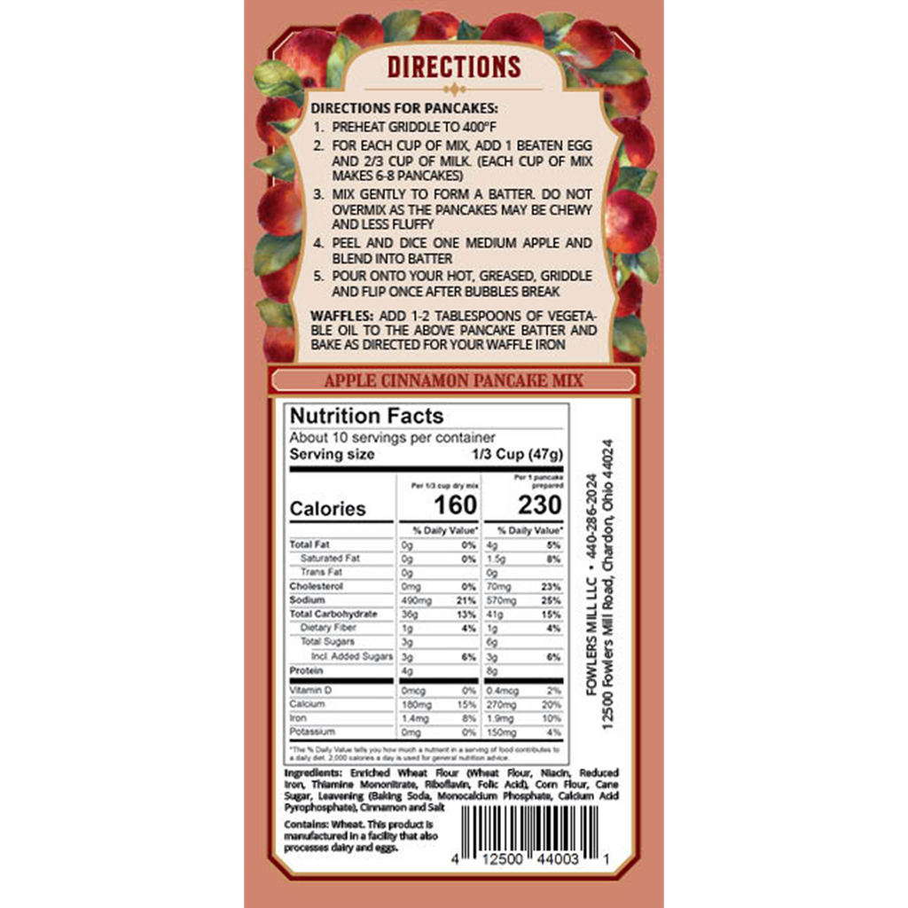 Back of Fowler's Mill Apple Cinnamon Pancake bag includes nutrition facts and directions.