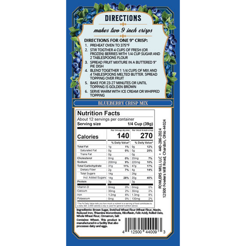 Back of Fowler's Mill Blueberry Crisp Mix with Nutrition Facts and Directions