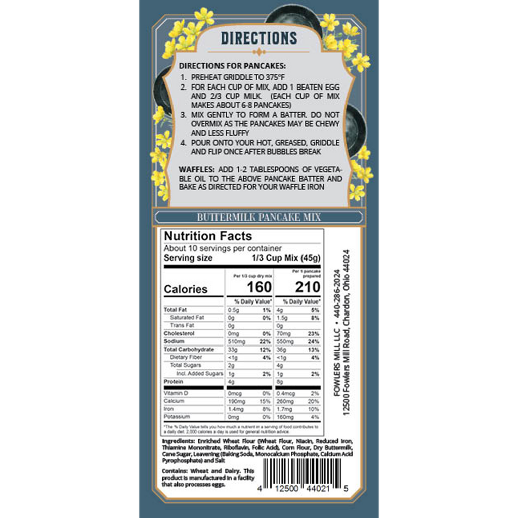 Back of Fowler's Mill Buttermilk Pancake bag includes Nutrition Facts and Directions