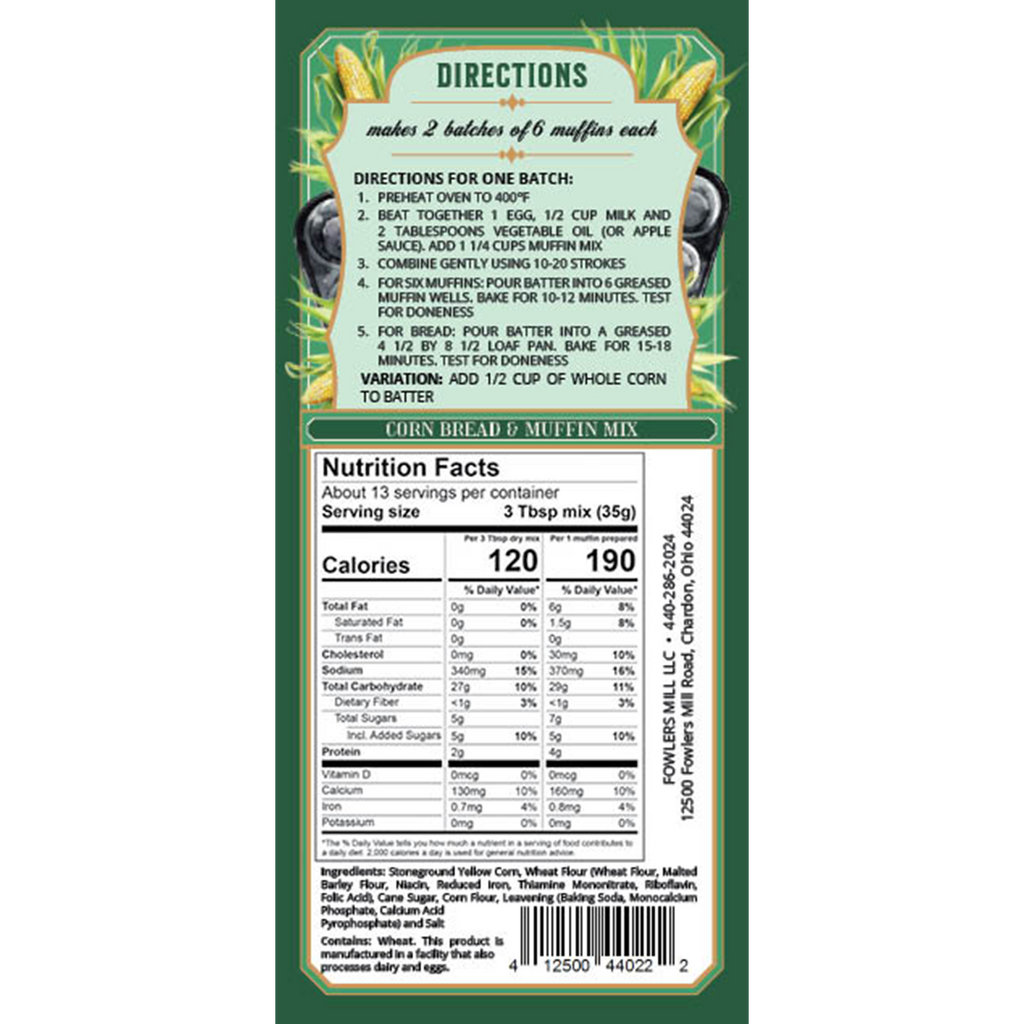 Back of Fowler's Mill Corn Bread and Muffin Mix with Nutrition Facts and Directions
