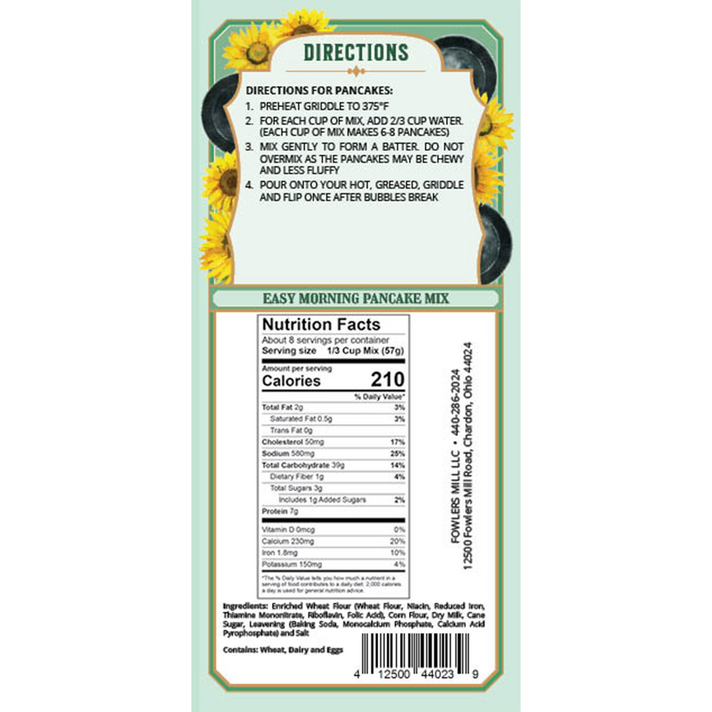 Back of Fowler's Mill Easy Morning Pancake Mix with nutrition facts and directions