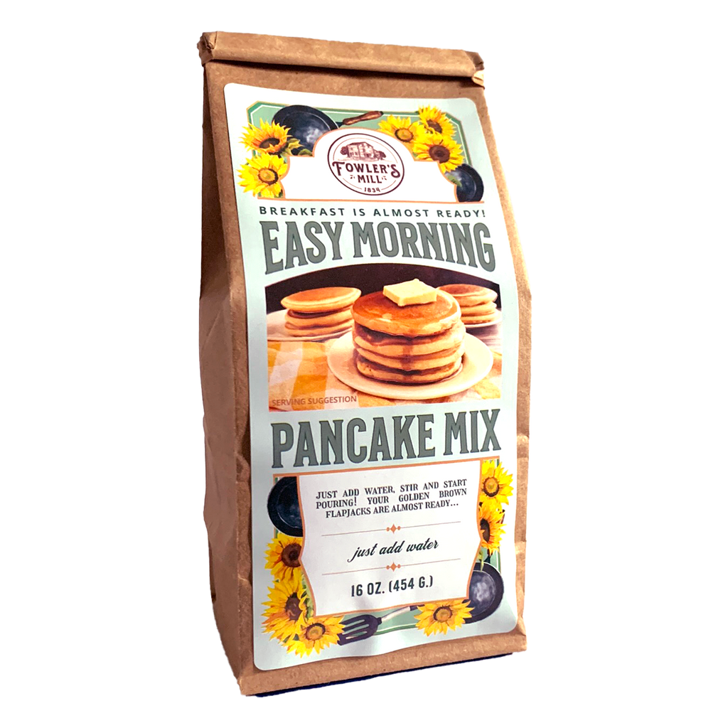 Front of Fowler's Mill Easy Morning Pancake Mix kraft paper bag, with glossy label including stacks of pancakes