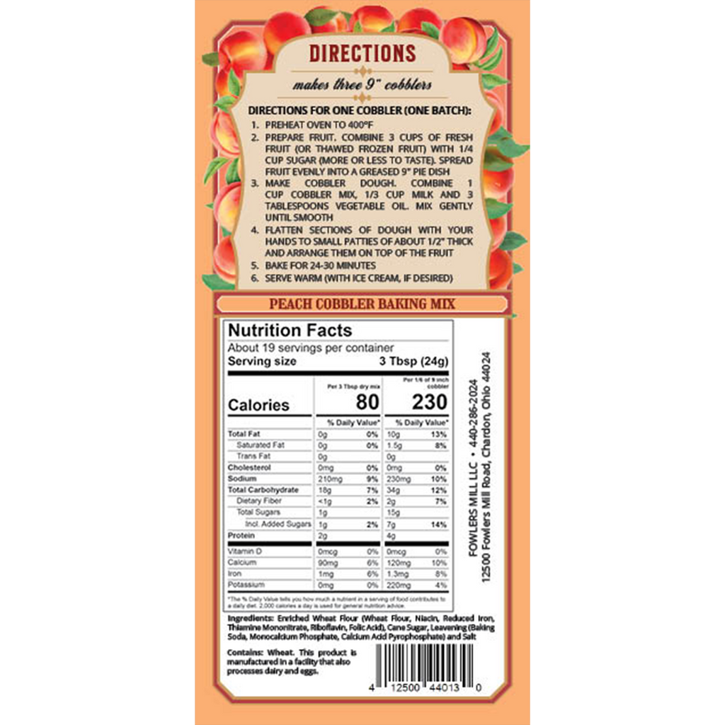 Back of Fowler's Mill Peach Cobbler bag with nutrition facts and directions