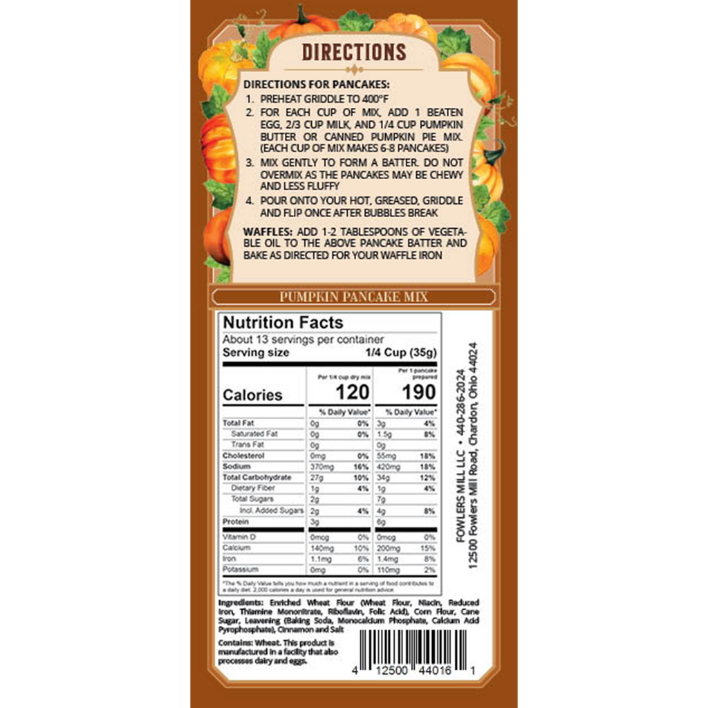 Back of Fowler's Mill Pumpkin Pancake Mix bag includes nutrition facts and directions