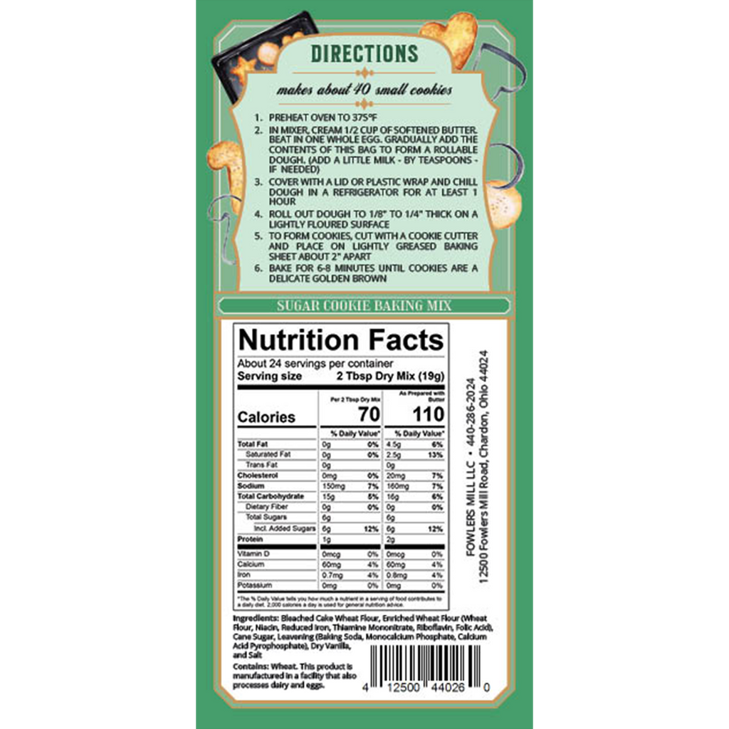 Back of Fowler's Mill Sugar Cookie Mix bag with nutrition facts and directions