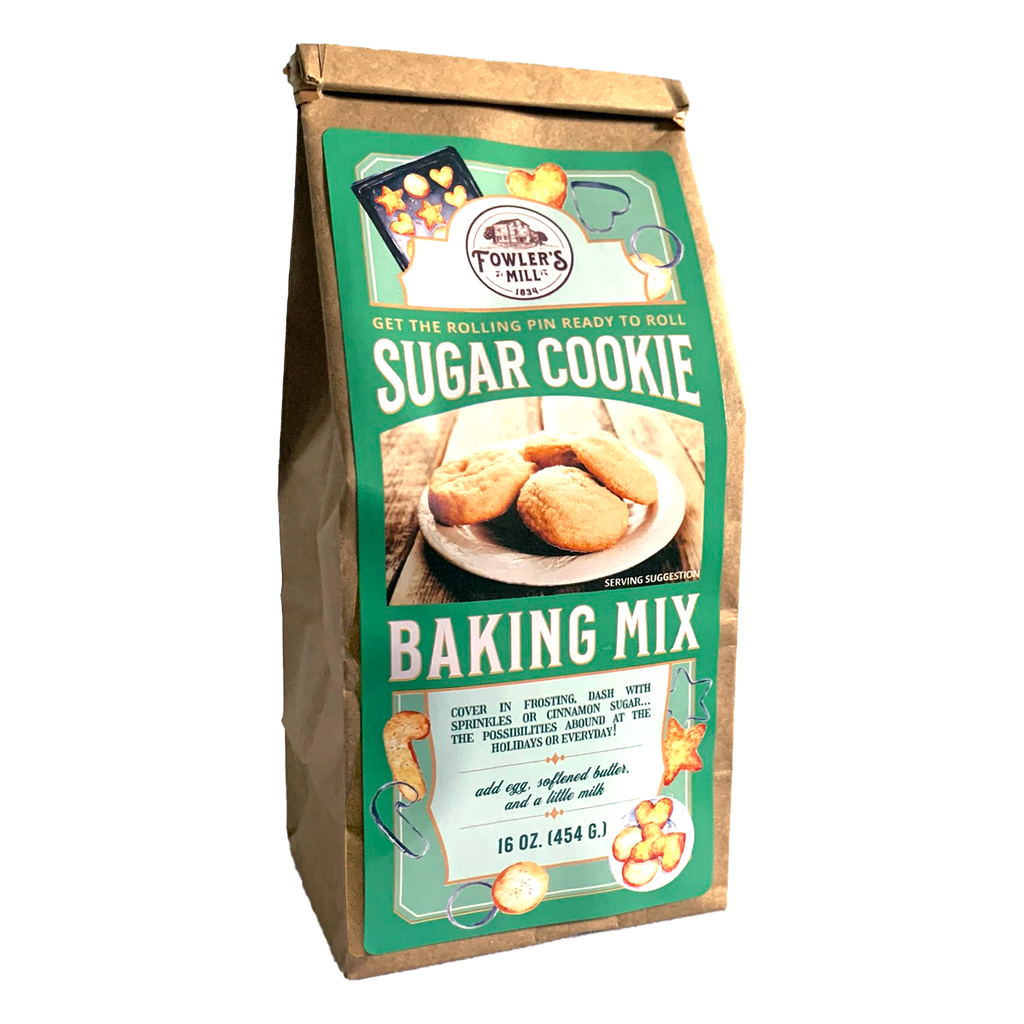 Front of Fowler's Mill Sugar Cookie Mix kraft paper bag with a glossy label that includes a plate of sugar cookies