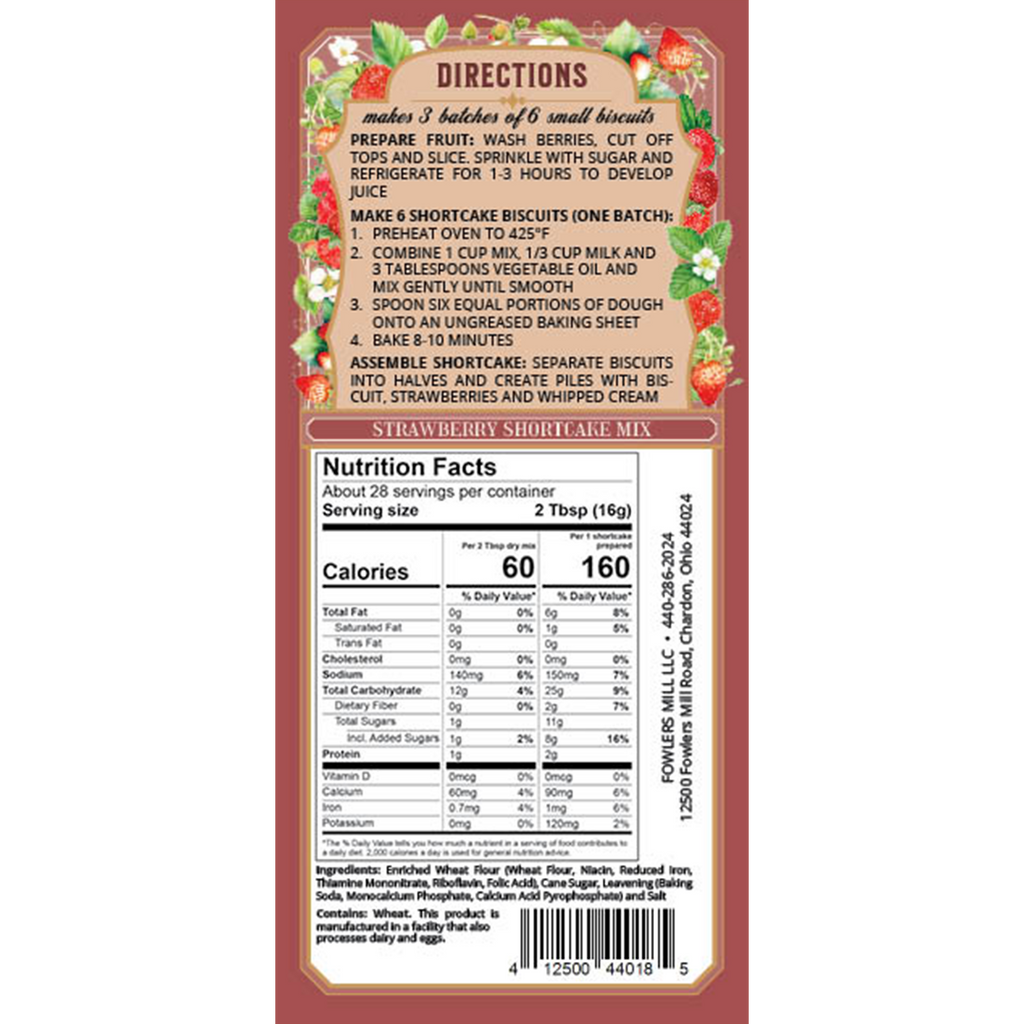 Back of Fowler's Mill Strawberry Shortcake Mix with nutrition facts and directions
