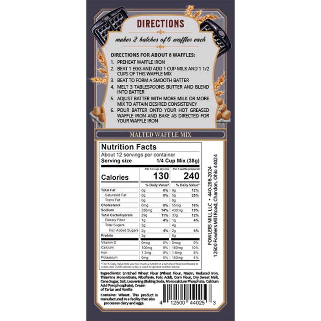 Back of Fowler's Mill Malted Waffle Mix with nutrition facts and directions