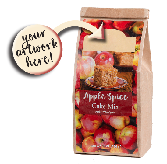 Fowler's Mill kraft paper bag of Apple Spice Cake Mix ready for private label with a circle that says "your artwork here!"