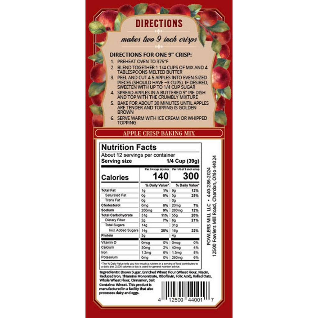 Back of Fowler's Mill Apple Crisp Mix paper bag with Nutrition Facts and Directions