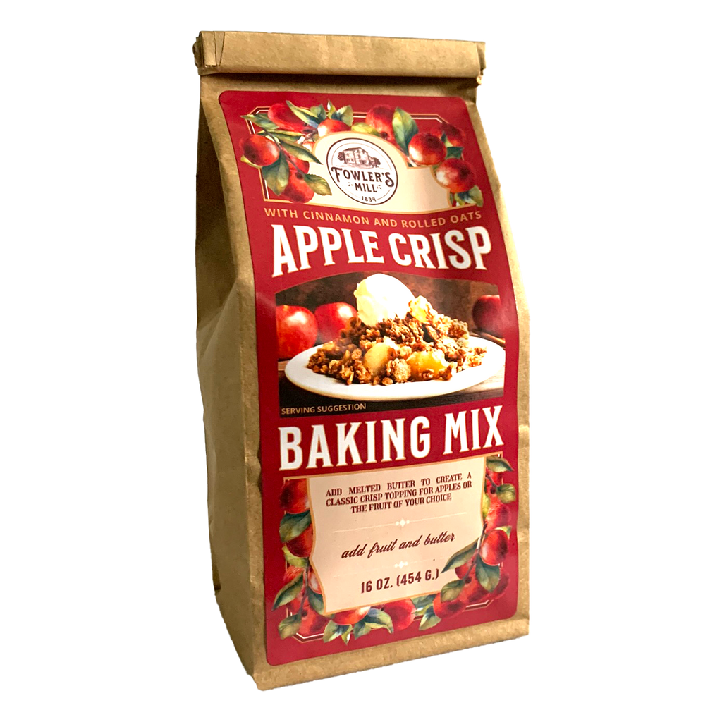 Front of Fowler's Mill Apple Crisp Mix bag - kraft paper bag with glossy label of apples and delicious apple crisp mix.