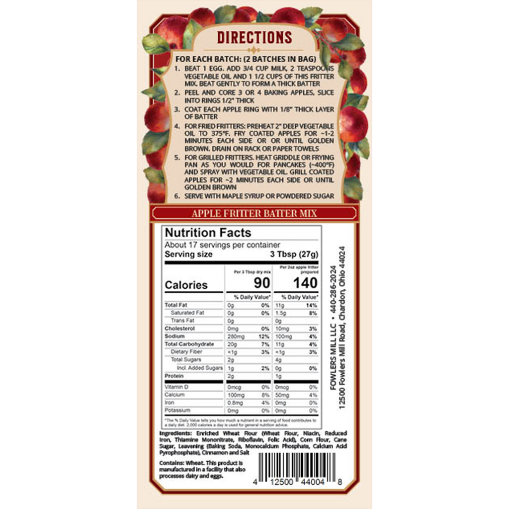 Back of Fowler's Mill Apple Fritter kraft paper bag with Nutrition Facts and Directions.