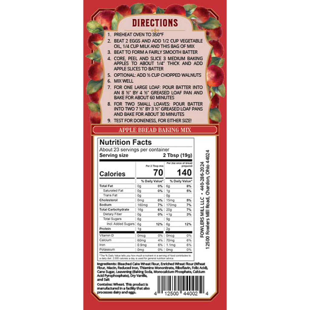 Back of Fowler's Mill Apple Bread Mix bag. Includes nutrition facts and directions.