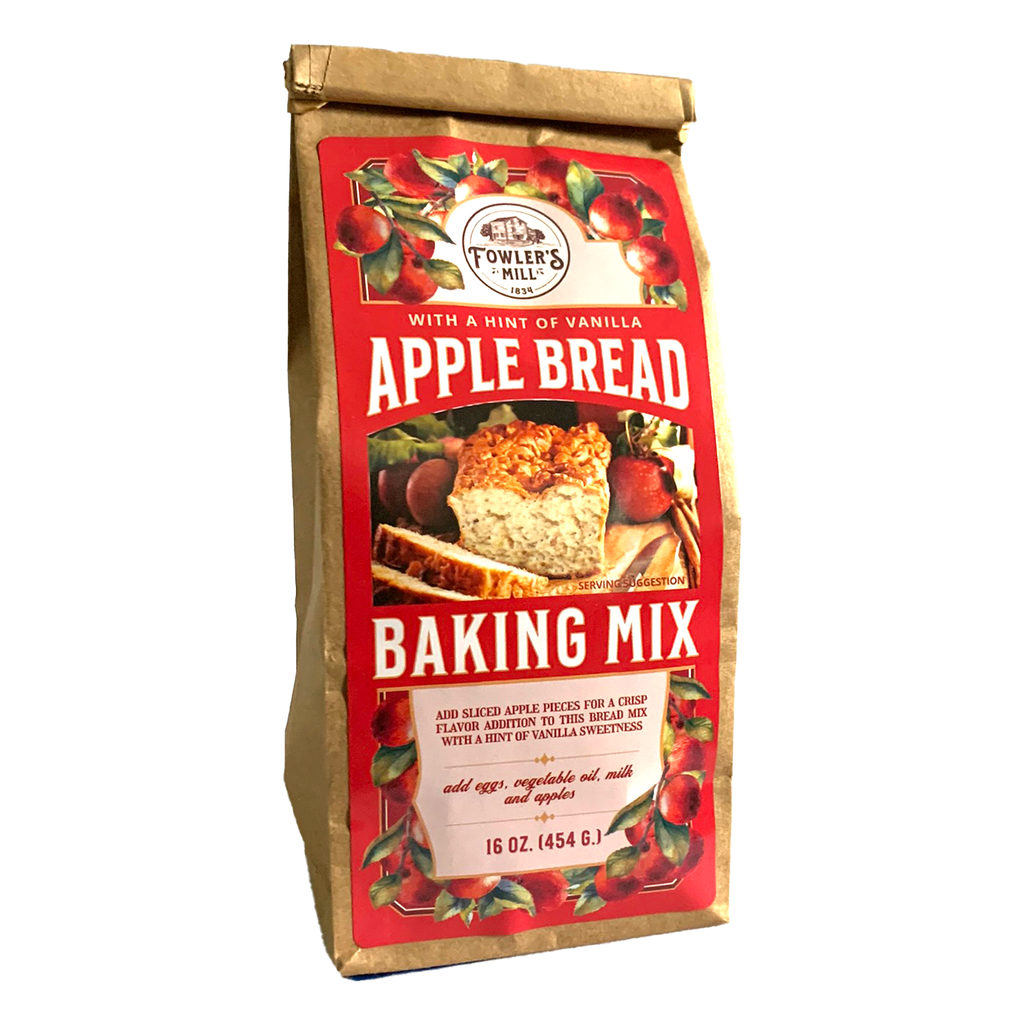 Front side of Fowler's Mill Apple Bread Mix bag has many apples and delicious slices of apple bread.