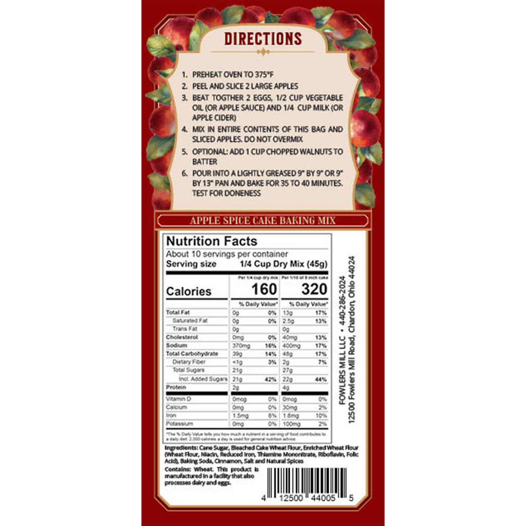 Back of Fowler's Mill Apple Spice Cake Mix contains Nutrition Facts and Directions.