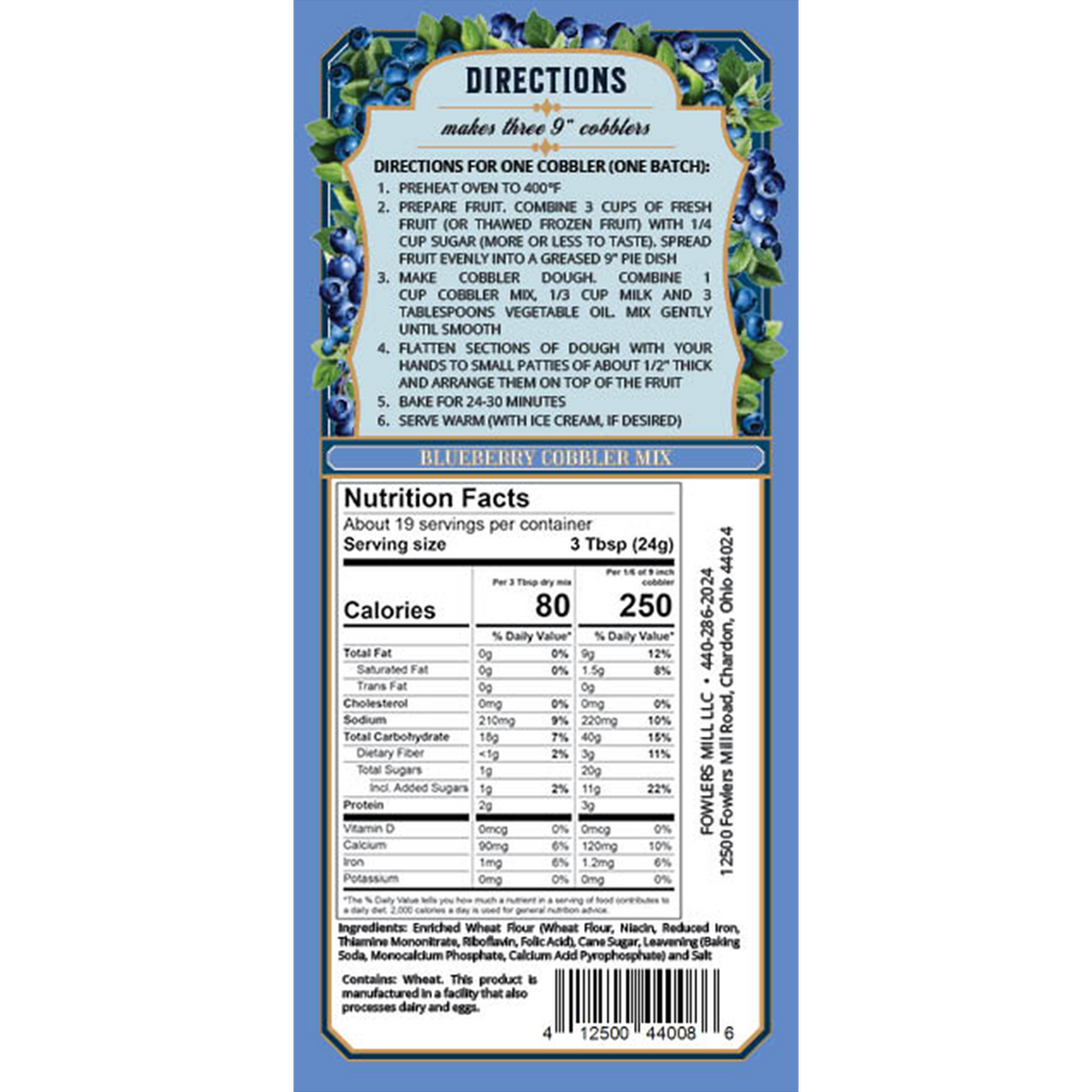 Back of Fowler Mill's Blueberry Cobbler with Nutrition Facts and Directions