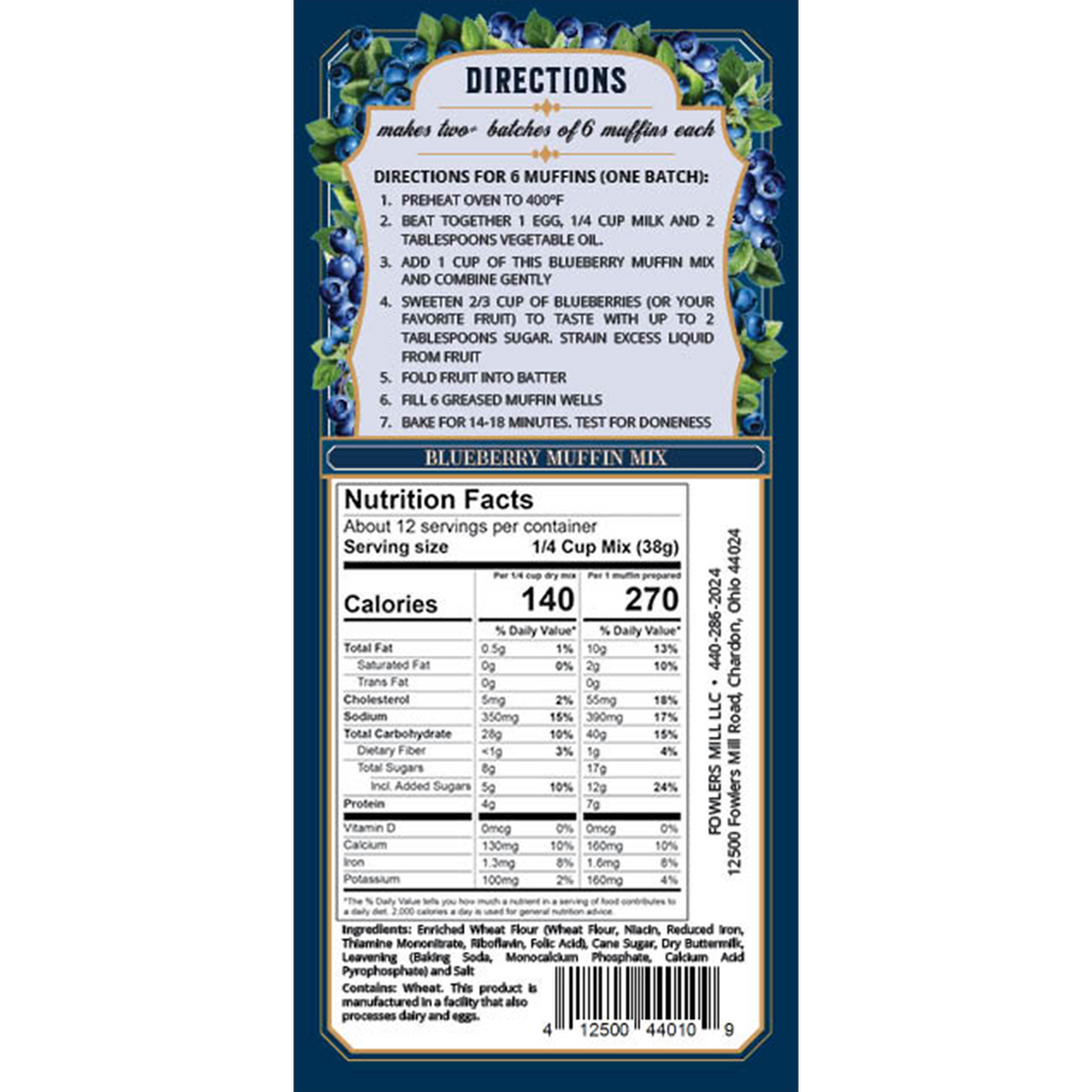 Back of Fowler's Mill Blueberry Muffin mix bag with Nutrition Facts and Directions
