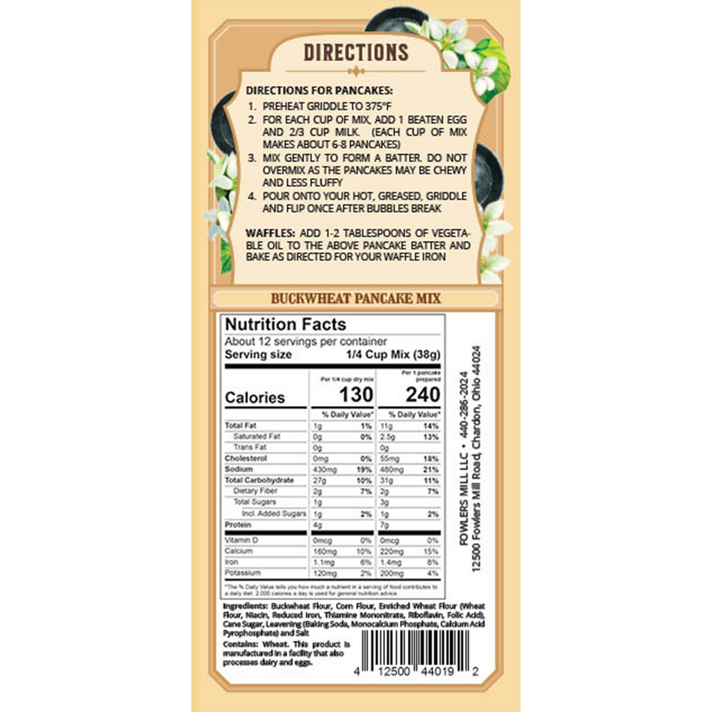 Back of Fowler's Mill Buckwheat Pancake Mix with Nutrition Facts and Directions