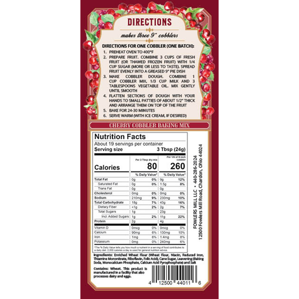 Back of Fowler's Mill Cherry Cobbler Mix with Nutrition Facts and Directions