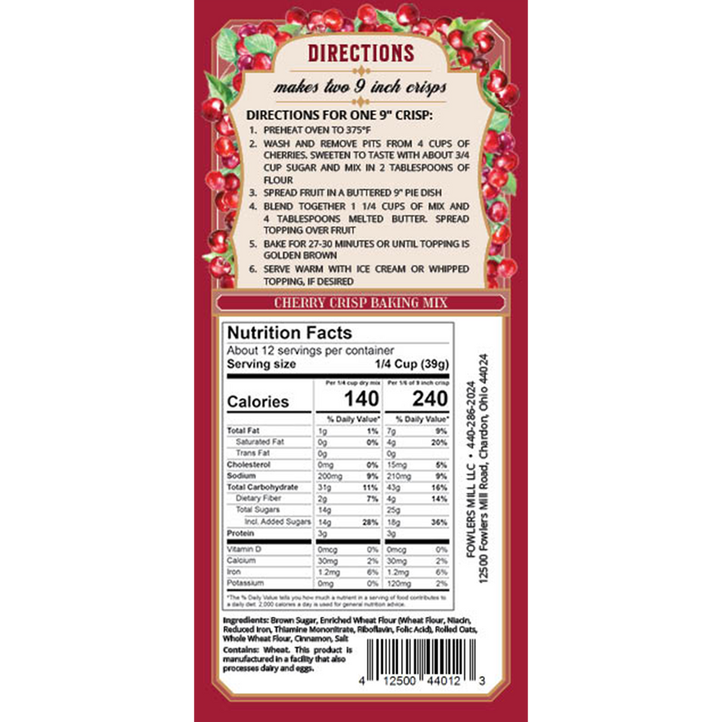 Back of Fowler's Mill Cherry Crisp Mix with nutrition facts and directions