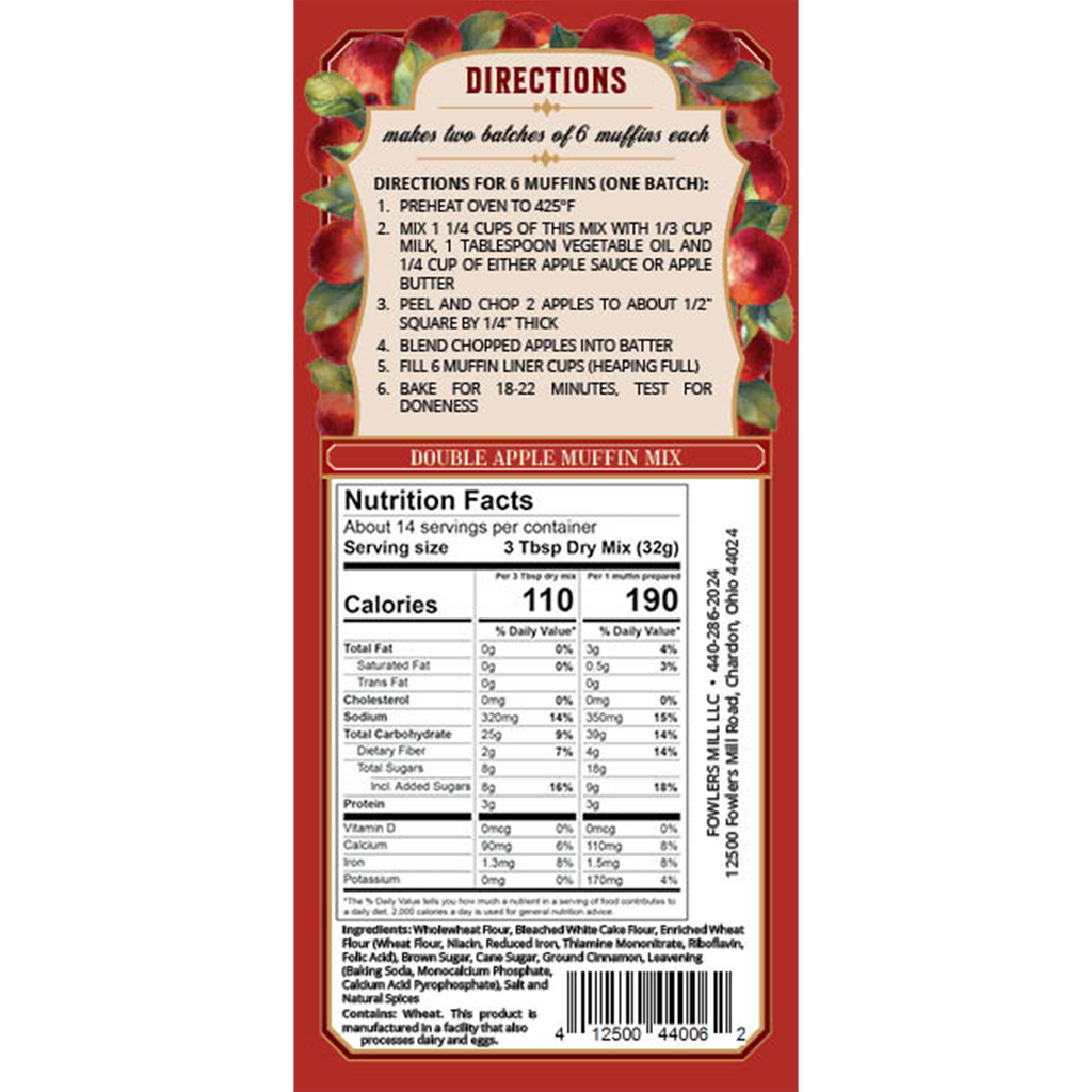 Back of Fowler Mill's Double Apple Muffin mix bag with Nutrition Facts and Directions