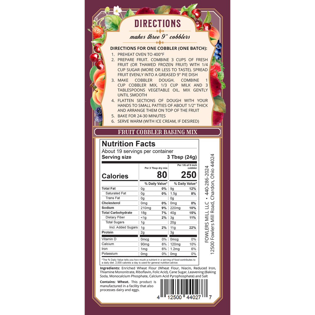 Back of Fowler's Mill Fruit Cobbler bag with nutrition facts and directions