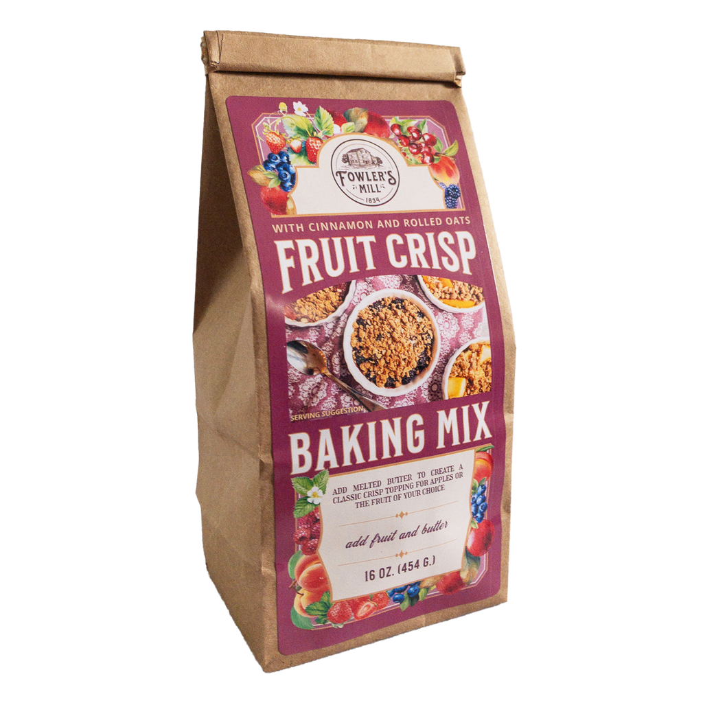 Front of Fowler's Mill Fruit Crisp Mix bag - kraft paper bag with glossy label with various fruits and delicious baked fruit crisps.
