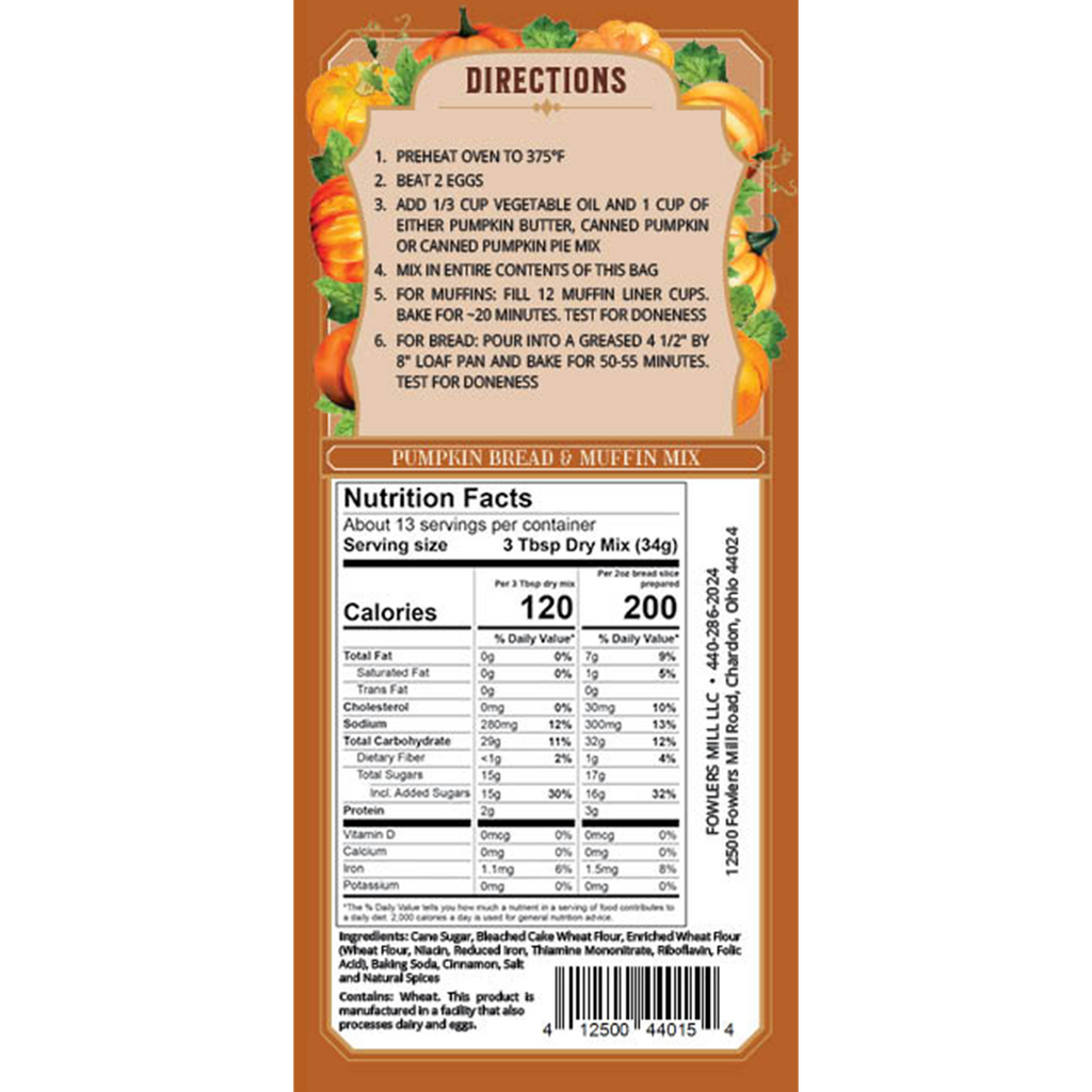 Back of Fowler's Mill Pumpkin Bread & Muffin Mix bag with nutrition facts and directions