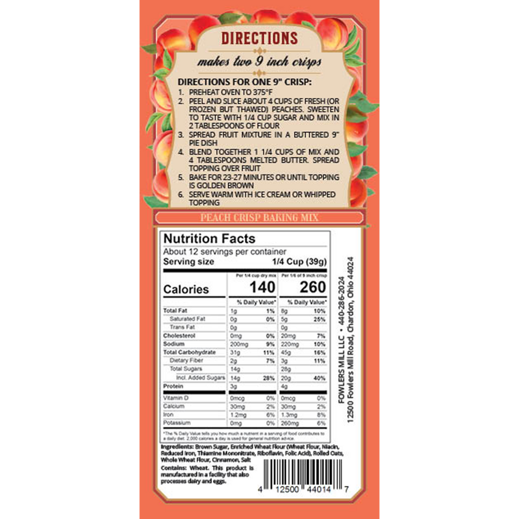 Back of Fowler's Mill Peach Crisp Mix containing nutrition facts and directions