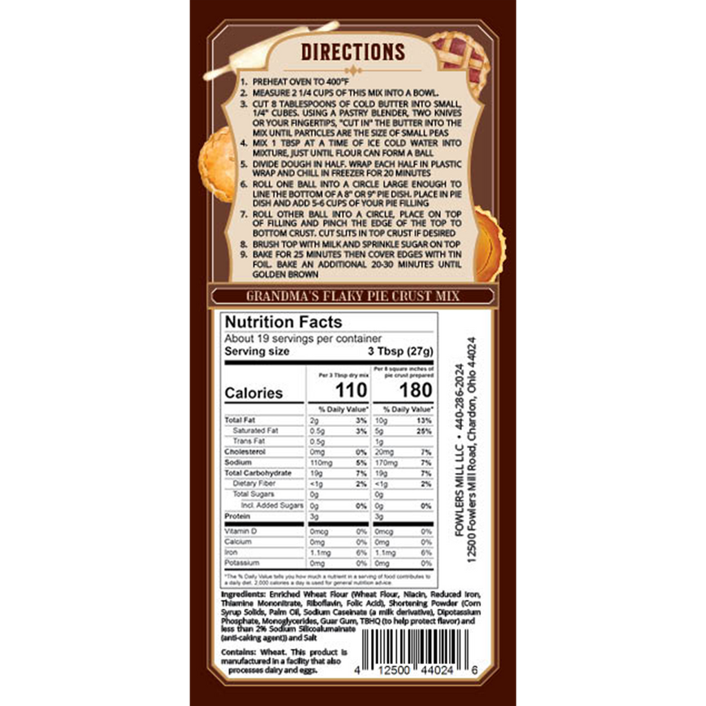 Back of Fowler's Mill Grandma's Flaky Pie Crust bag with nutrition facts and directions