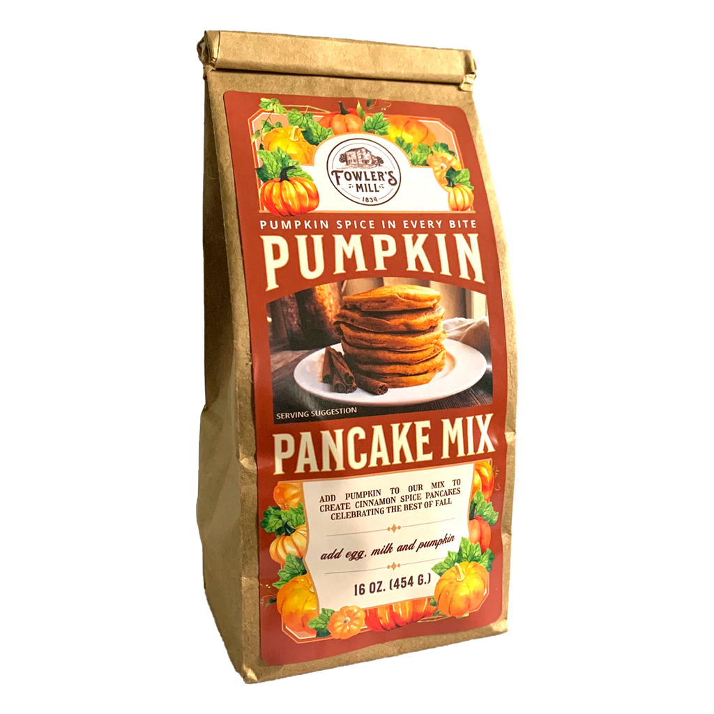 Front of Fowler's Mill Pumpkin Pancake Mix kraft paper bag with glossy label including a pile of pumpkins and a stack of pumpkin pancakes
