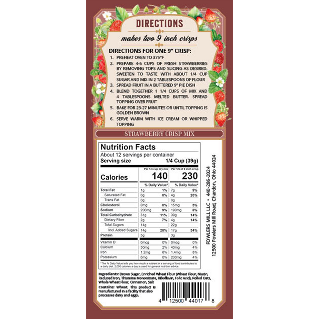 Back of Fowler's Mill Strawberry Crisp Mix with nutrition facts and directions