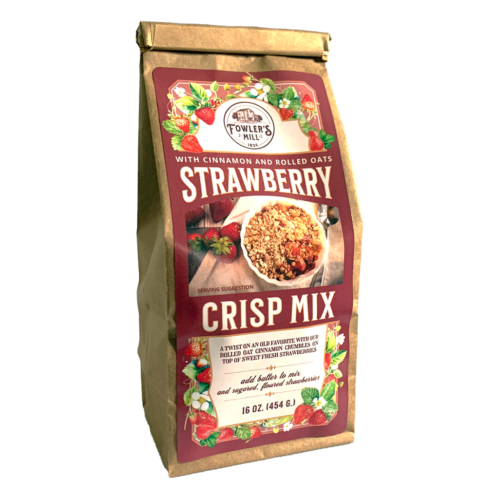 Front of Fowler's Mill Strawberry Crisp Mix kraft paper bag with glossy logo including a pile of fresh strawberries and a baked strawberry crisp.