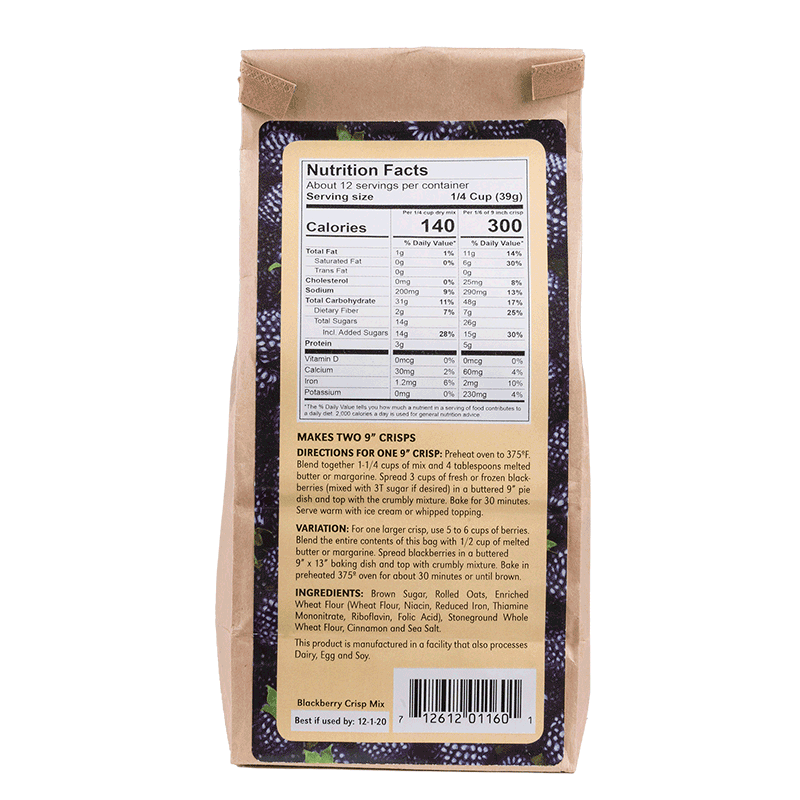 Back of Fowler's Mill Blackberry Crisp Mix with Nutrition Facts and Directions