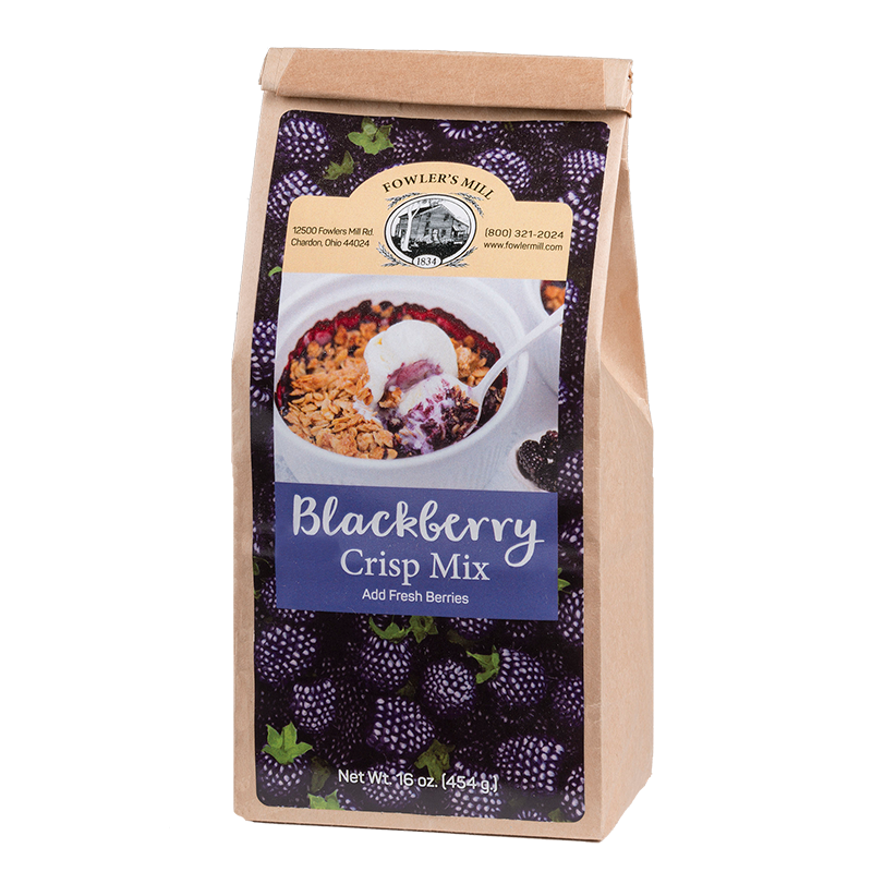 Front of Fowler's Mill Blackberry Crisp Mix kraft paper bag with glossy label including blackberries and a delicious blackberry crisp.